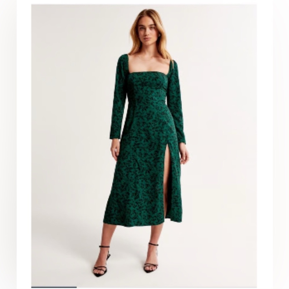 Long-Sleeve Squareneck Midi Dress in floral print with side slit